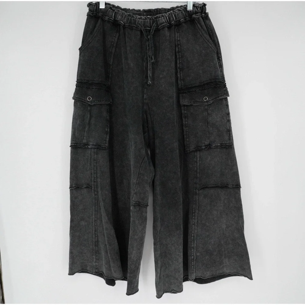 Easel Womens Utility Mineral Washed Wide Leg Terry Knit Cargo Pant Black Large - Picture 6 of 15